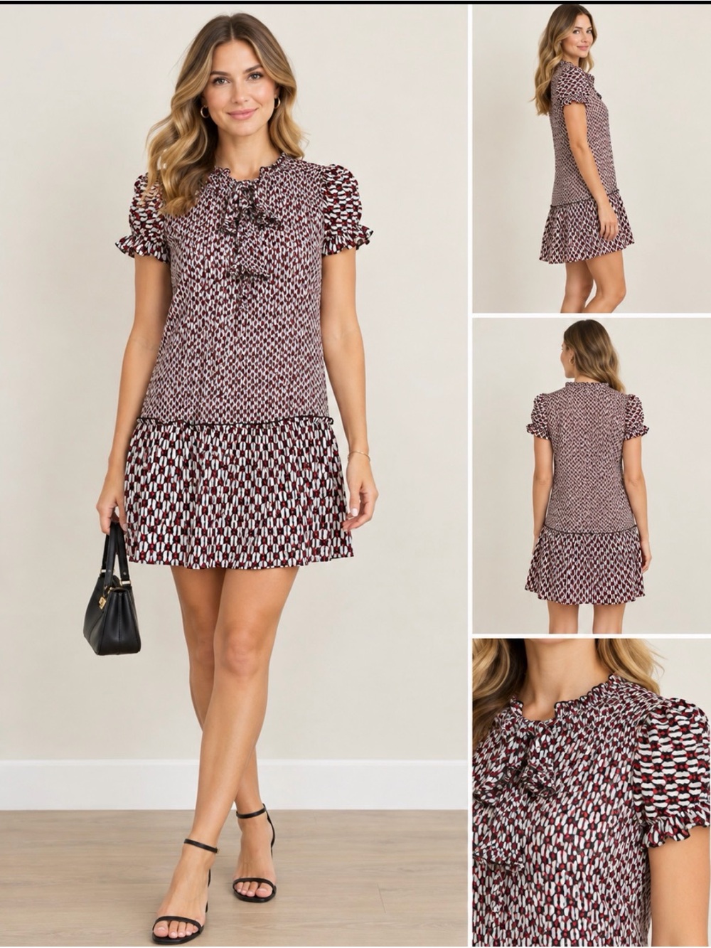 Reiss Red and White Geometric Tie-Neck Midi Dress